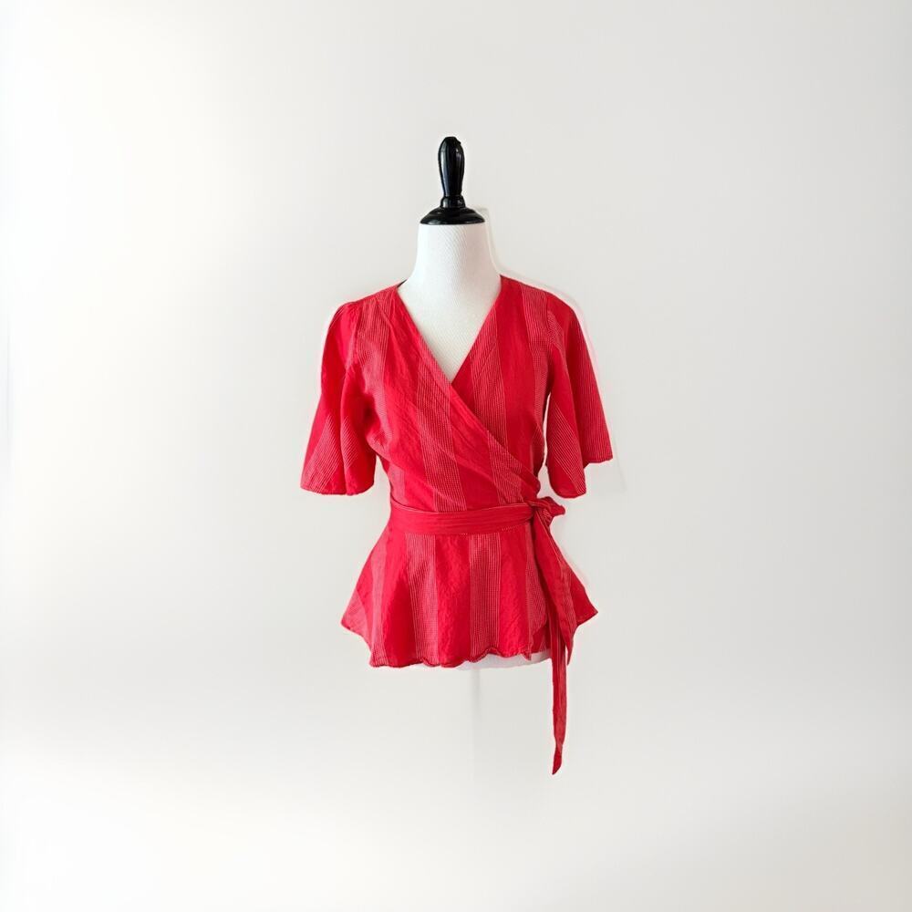 Loft Wrap Top Women’s XS Red Flutter Sleeve Cotton Woven Casual Blouse Peplum